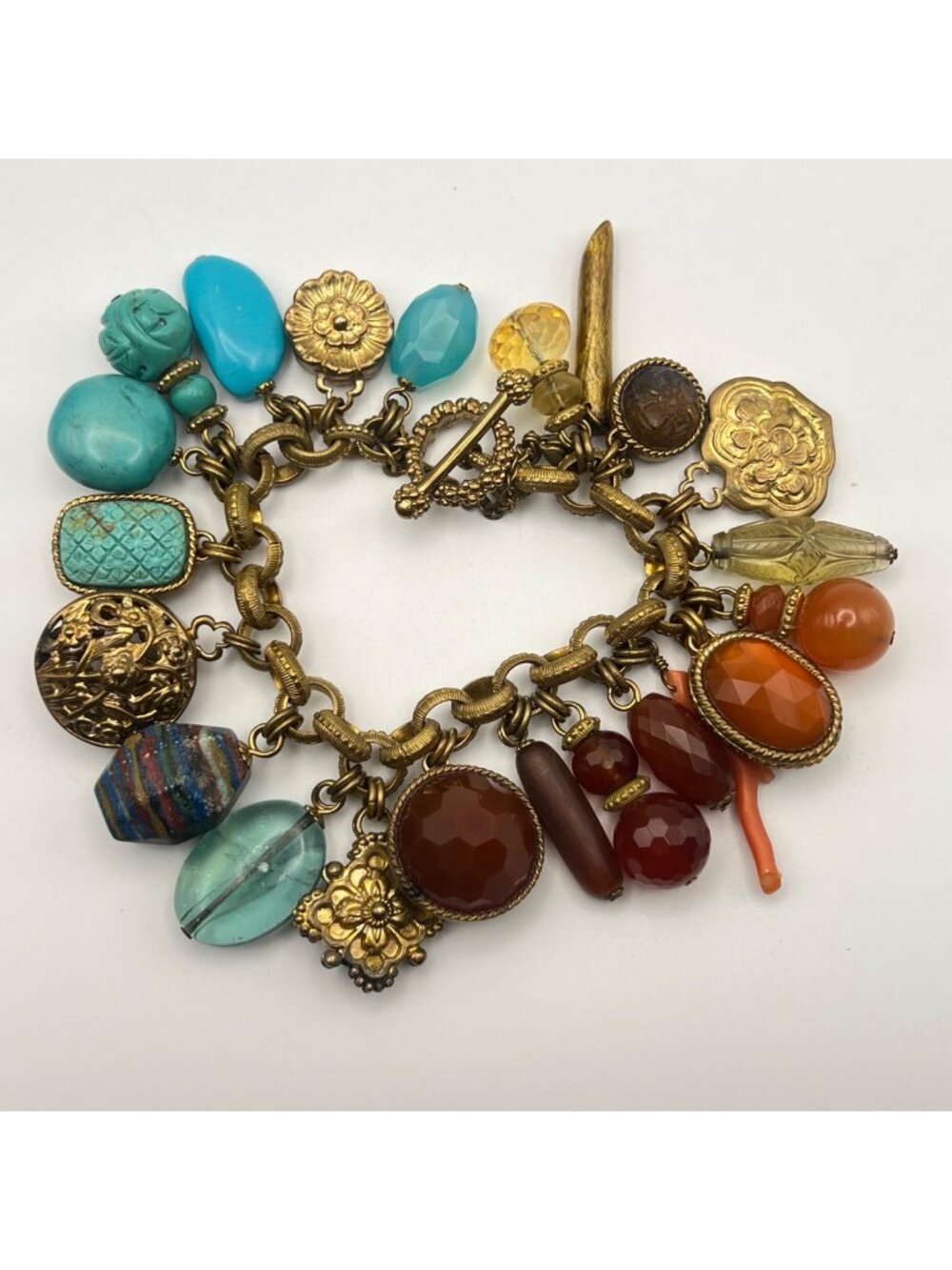 Stephen Dweck Charm Bracelet Vintage Bronze Turquoise Carnelian Gemstone